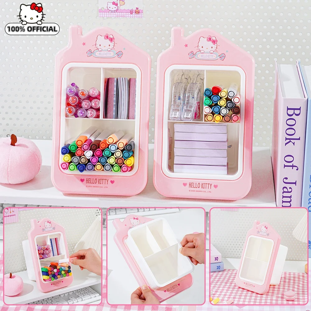Genuine Sanrio Hello Kitty Multi-Grid House Shape Pen Holder Kawaii Desk Stationery Storage Box For Keep Pen Markers Sticky Note