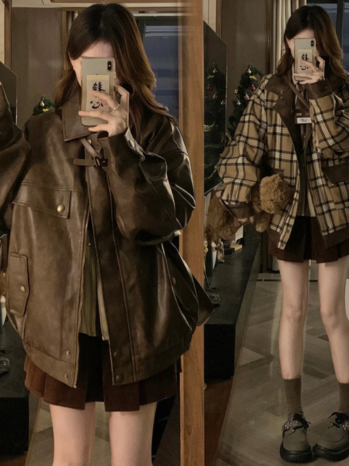 เสื้อแจ็คเก็ตหนัง PU ลายสก็อตแบบสองด้าน สไตล์หลวมสำหรับผู้หญิง ขี่มอเตอร์ไซค์ แฟชั่นใหม่ ฤดูใบไม้ผลิ ฤดูใบไม้ร่วง แบรนด์แฟชั่น สำหรับคู่รัก เสื้อคลุม