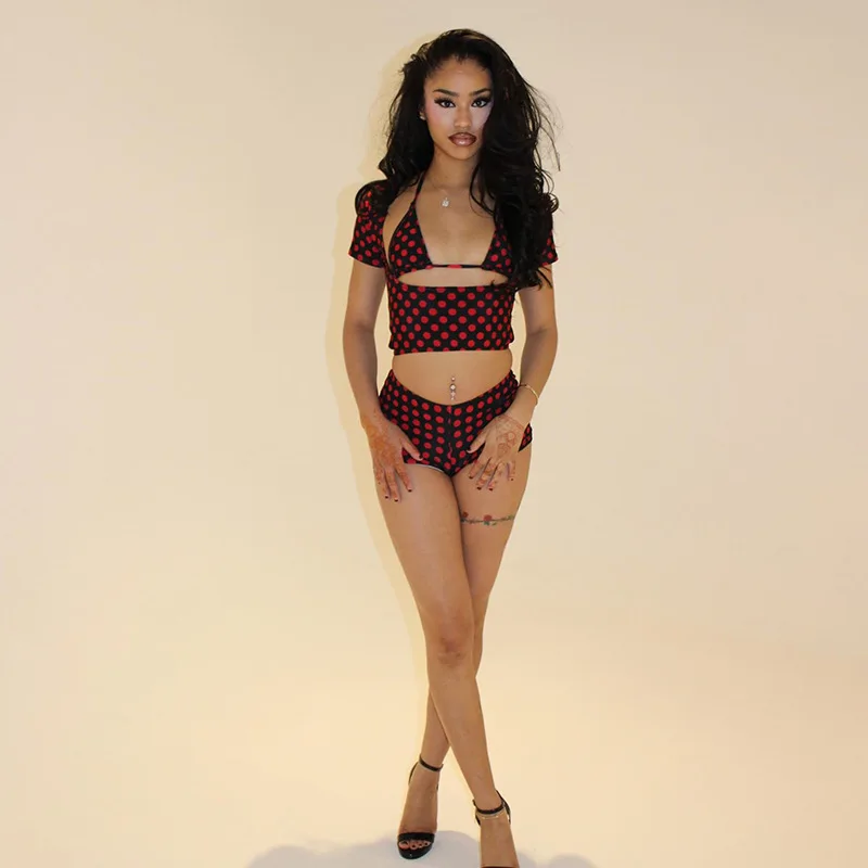 

Women Sexy Trend Polka Dots Print 3 Piece Set Lace Up Halter Bikini Bra + Short Sleeve T-shirt Crop Tops + Shorts Night Clubwear