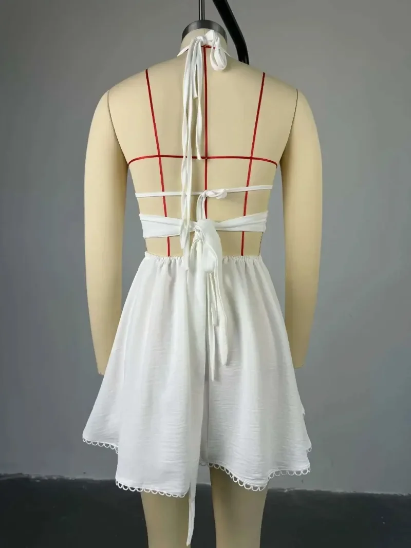 2025 Women Halter Strap Sleeveless Mini A-Line Dress Sexy Beading Backless Streetwear Evening Night Club Party Dresses