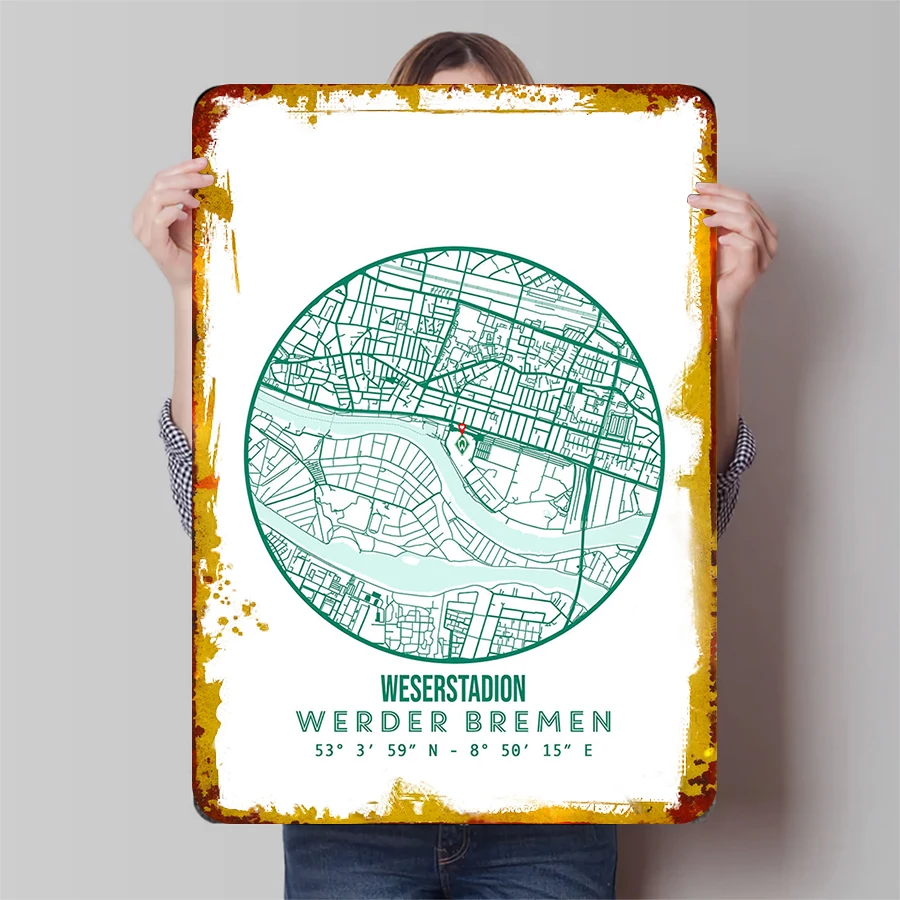 لوحة فنية جدارية معدنية مخصصة من Weserstadium Werder Bremen هدية مروحة خريطة المدينة ديكور 53 ° 3'59"ن
