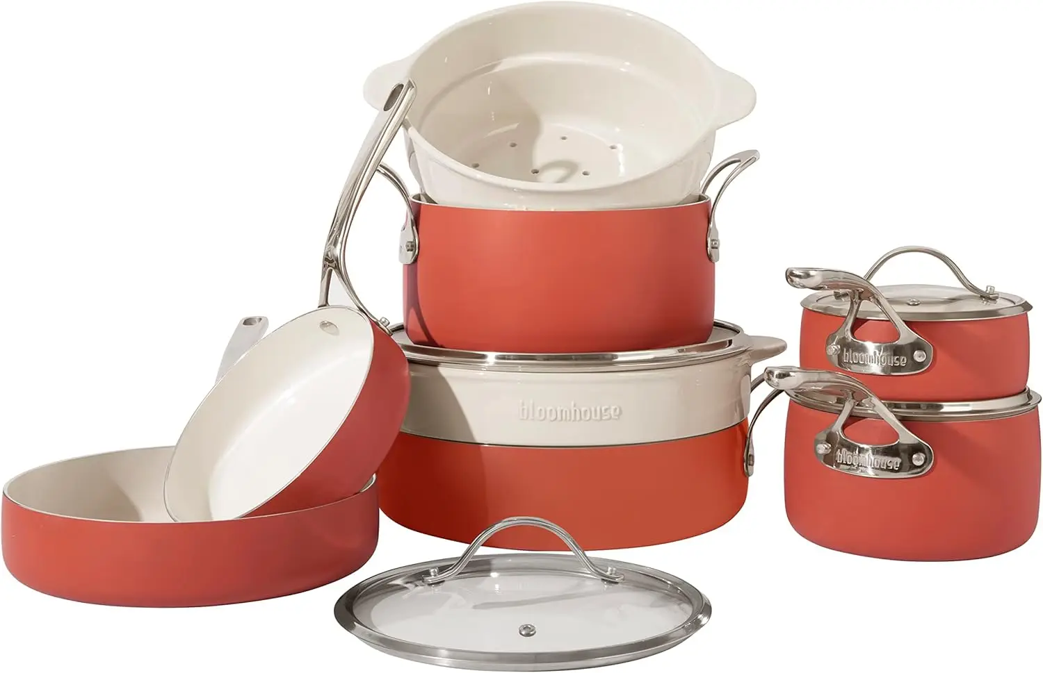 12 Piece Aluminum Pots and Pans Cookware Set w/Non-toxic Ceramic Non-stick, Ceramic Steamer Insert