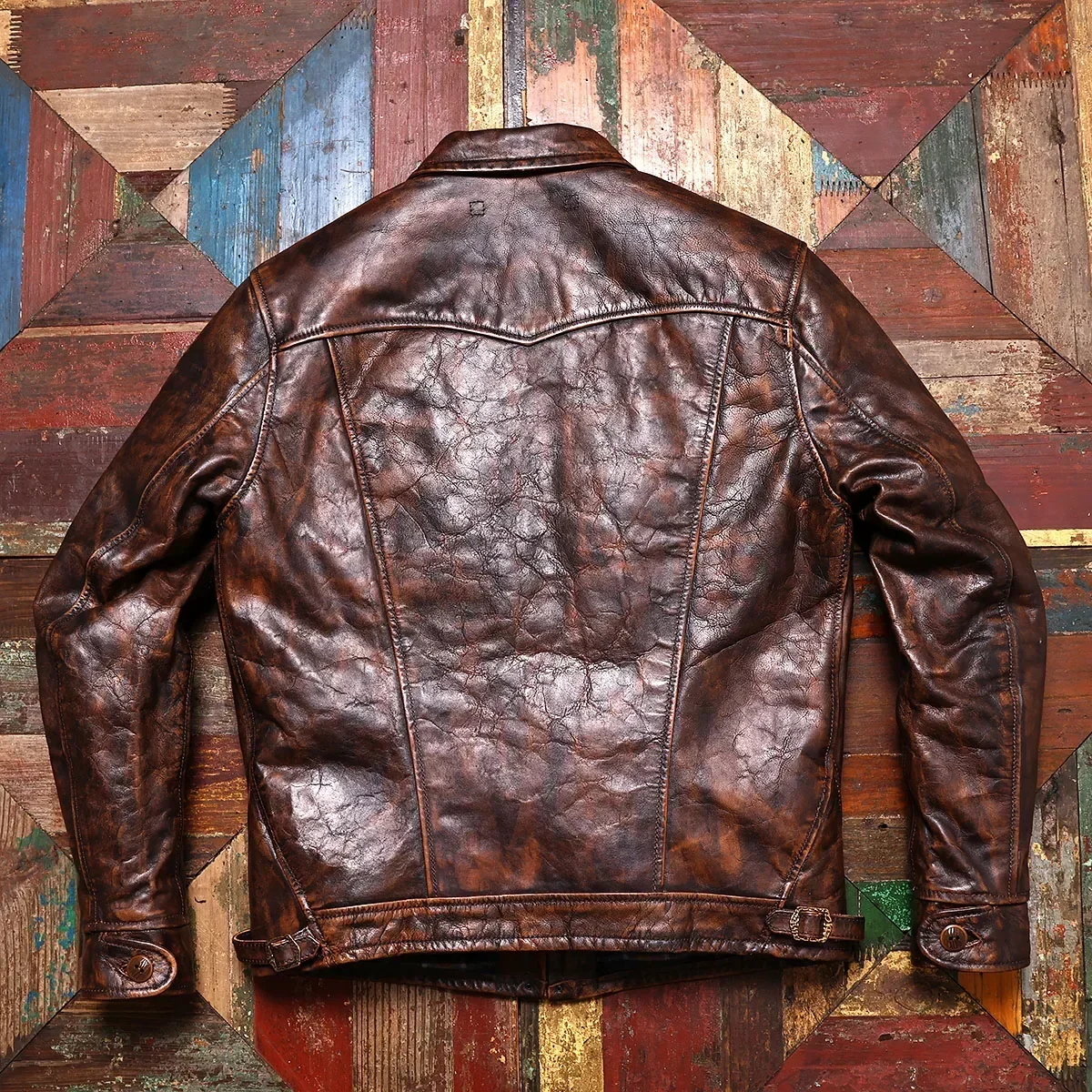 Tailor Brando Full Grain Washed Handmade Aged Tea Core Cowhide American Vintage Mendoza Retro Leather Biker Jacket