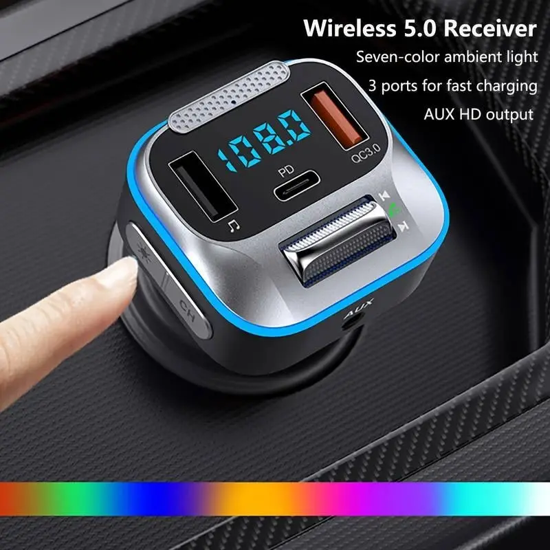 Car Wireless Transmitter Stronger Hi-Fi Bass Sound 30W PD Fast Charging QC3.0 Car Adapter Hands 7 Colors LED Plug-in USB Disk