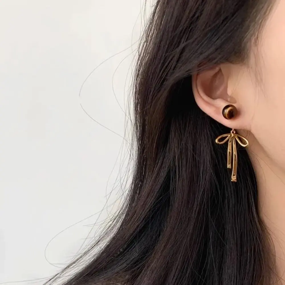 Pendientes Ribbon Bow Dangle Earrings Balletcore Grey Pearl Simple Earrings Alloy Korean Style Piercing Ear Stud Girls Gift