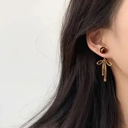 Pendientes Ribbon Bow Dangle Earrings Balletcore Grey Pearl Simple Earrings Alloy Korean Style Piercing Ear Stud Girls Gift