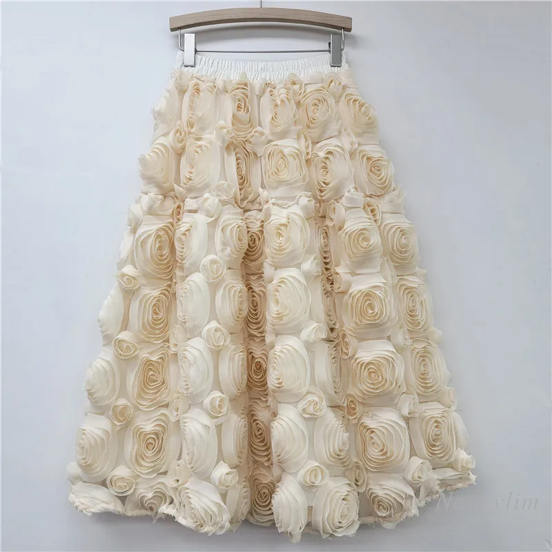 Three-dimensional Big Flower Skirt Women 2025 Spring New Versatile French High Waist Big Pendulum Skirts Fashion Faldas Mujer