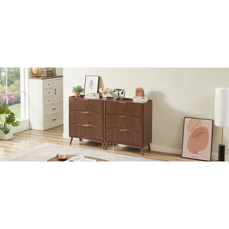 Bedroom Dresser, 3 Dressers with Wavy Curved Drawers, Children's Room, Living Room, Wood Chest of Drawers, Walnut