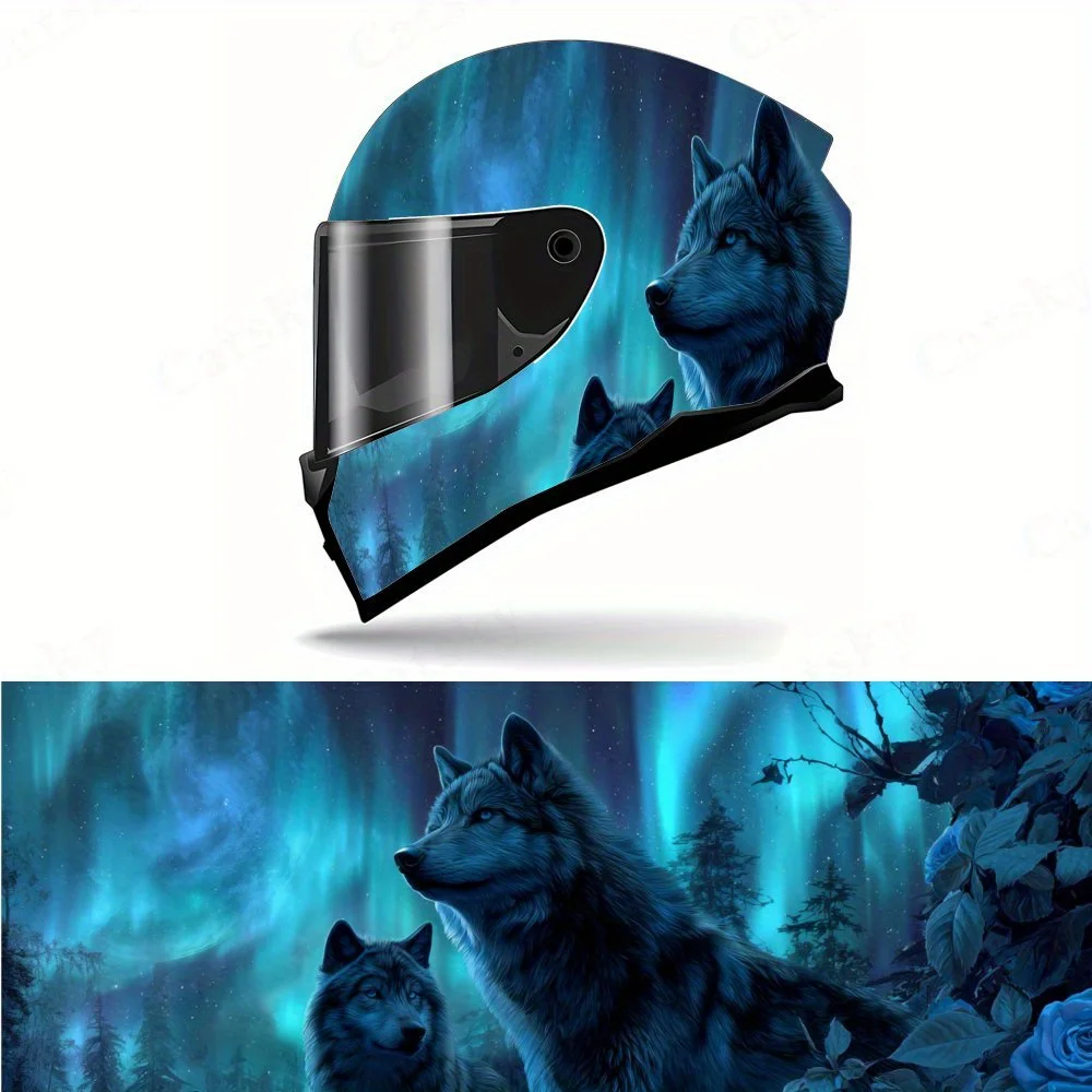 

Wolf Pack & Aurora - Blue Roses Motorcycle Helmet PVC Protective Sticker, Motorcycle Helmet Exterior Decorative Accessory, Water