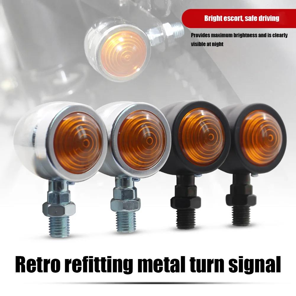 2Pcs 12V Retro Metal Blinkers Amber Lens Retro Motorbike Indicator Blinker Lights Retro Motorcycle Turn Signals for Harley Racer