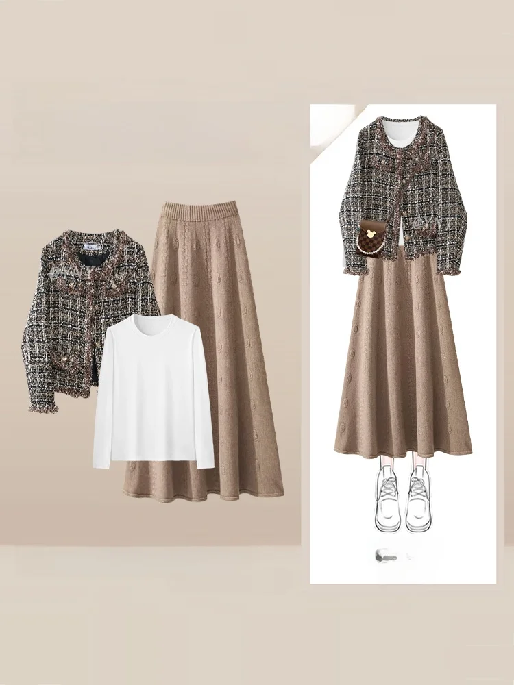 

Fashionable Autumn Winter Knitted Knitwear Women's Slim Fit Two Piece Set High Waist Midi Skirt Elegant Lady Style Outerwear