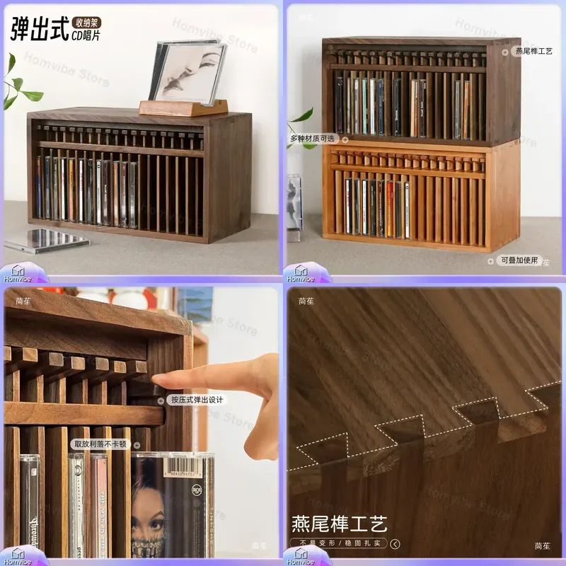 Vintage CD Pop Up Record Storage Rack Black Walnut Desktop Display Stand Tape Collection Box for NS Game Cartridge Organizer