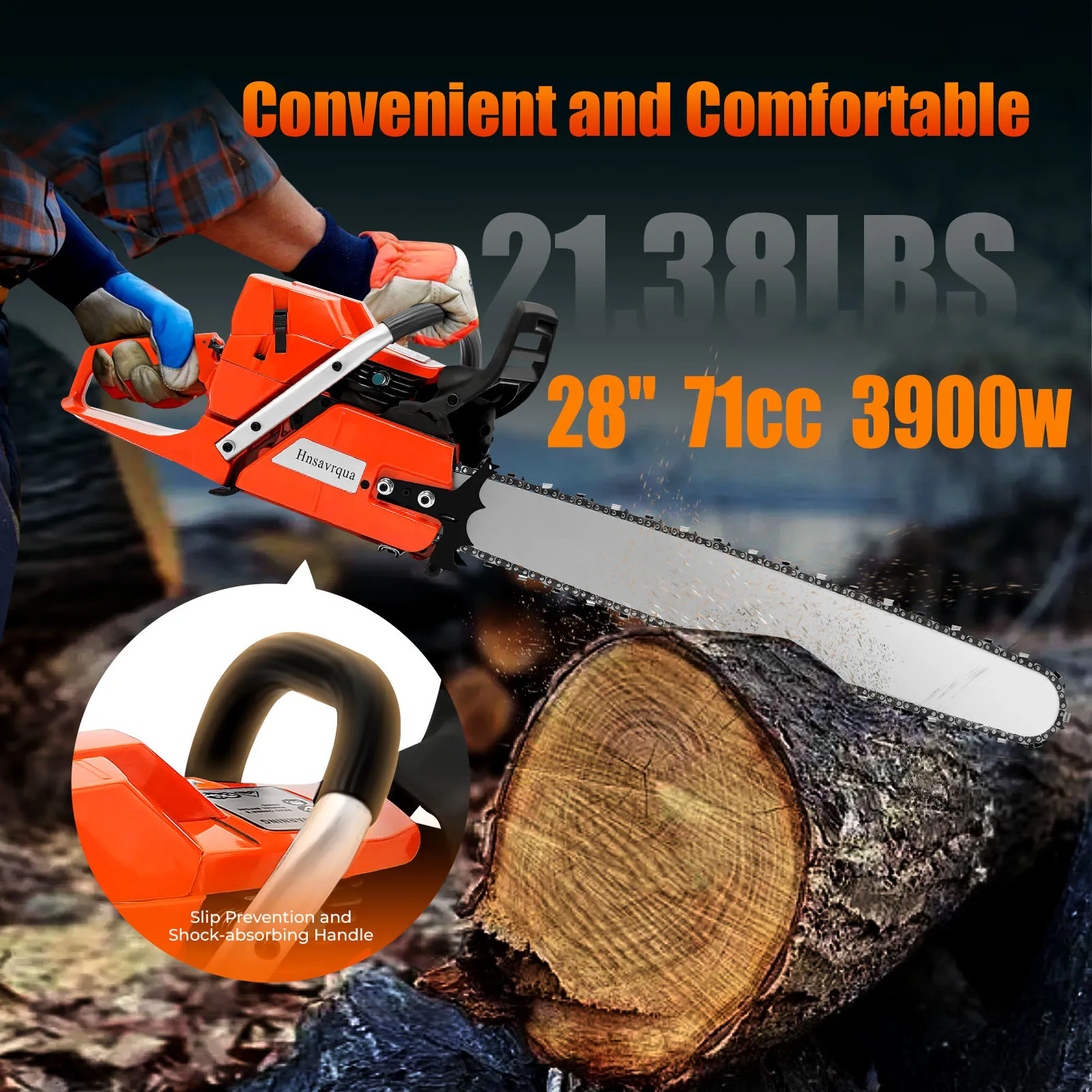 منشار سلسلة بنزين لاسلكي محمول مقاس 28 بوصة، منشار يعمل بالغاز، منشار كهربائي 71cc برأس طاقة أسطوانة واحدة مبرد بالهواء ثنائي الأشواط