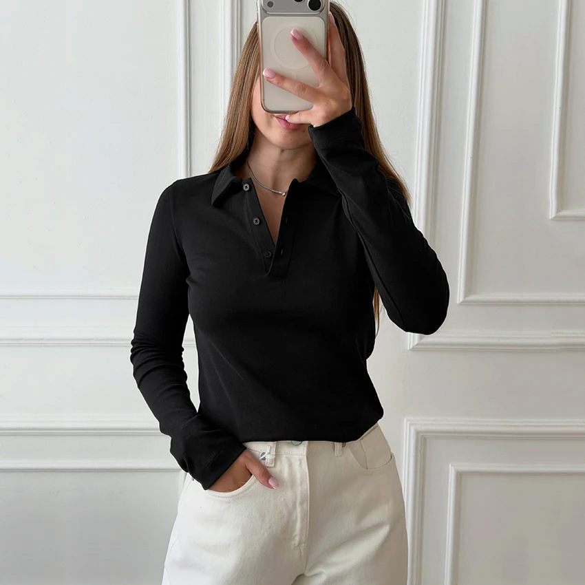 Linad Elegant Knitted Blue Laoel Tees For Woman 2026 Street Chic Slim Solid Long Sleeve T Shirts Autumn Casual Long Sleeve Tops
