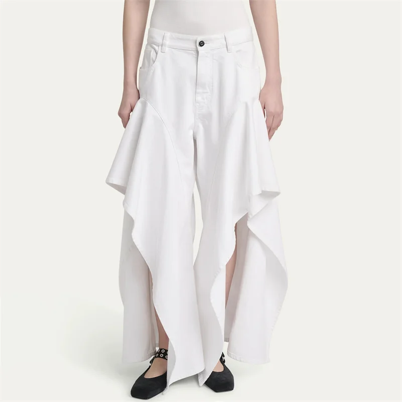

Women's jeans New high waisted Women's pants made of pure cotton for the summer of 2025 ruffled slim fit denim wide leg pants