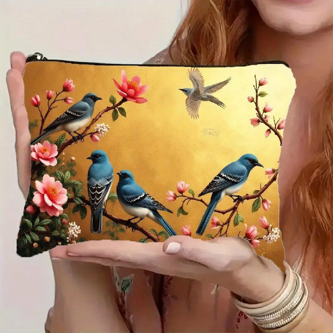A Retro Blue Bird And Cherry Blossom Print Makeup Bag- Multifunctional Zipper Pouch, Jewelry Storage Bag, Perfect Travel Zipper