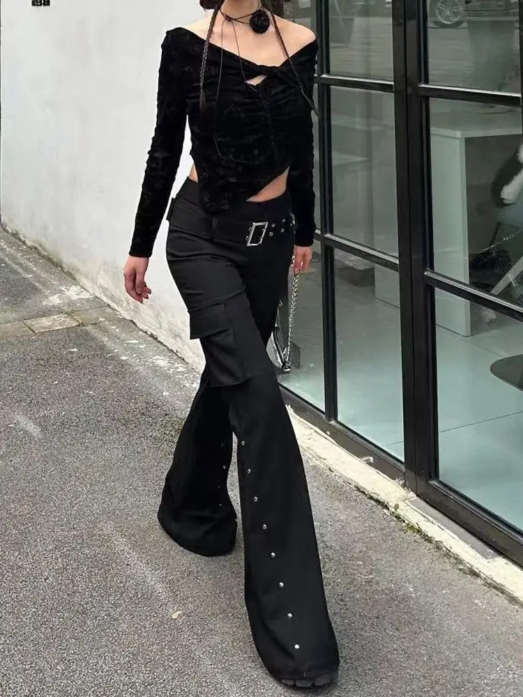 Retro Harajuku Cargo Punk Style Black Rivet Pants with Belt Women Y2k Streetwear Aesthetic Grunge Goth Low Waist Flared Trousers