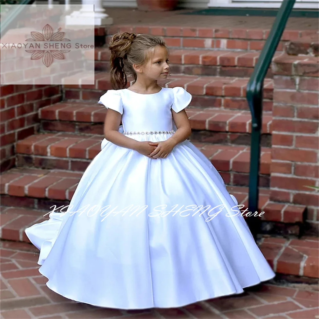 Red/White Satin Flower Girl Dress Wedding Princess Short Sleeve Elegant Birthday Party Formal Occassion Baby Kids Ball Gown