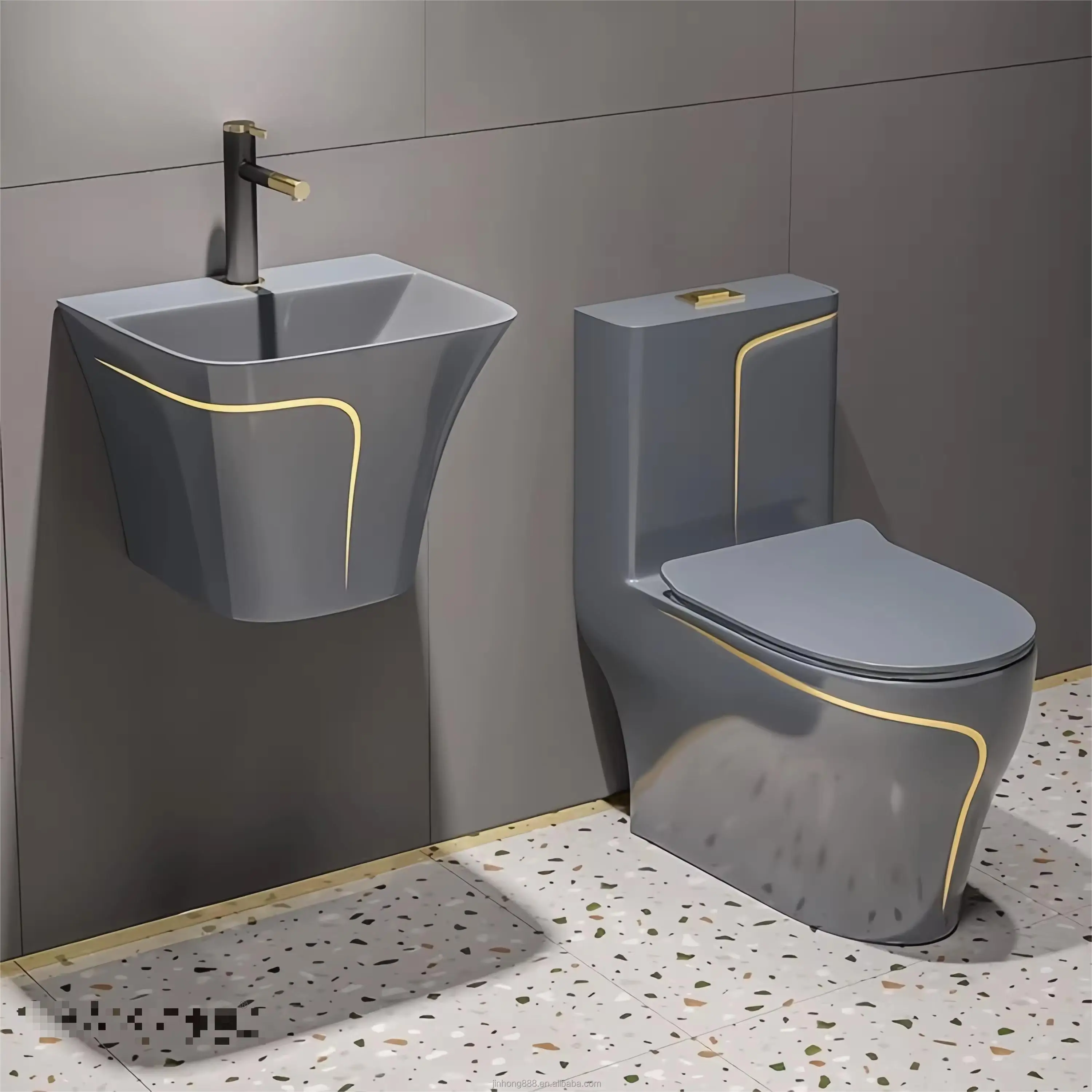 Gold Line Design Bathroom Ceramic One-Piece Gold White Colored Toilets Bowl  Bowl for Bathroom