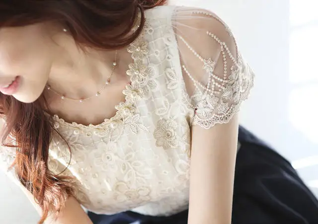

Fashion Summer New Women's Chiffon Shirt Lace Top Bead Elegant Casual Business Office Ladies Blouse White Pink Blue Colors