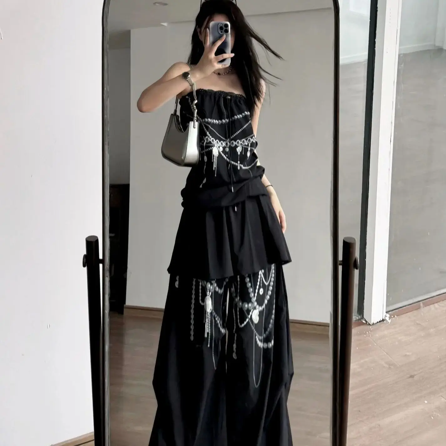 

Retro Punk Style Two-Piece Set Sweet Cool Printed Straptop Vest Top Niche Long Wide Leg Pants Women'S Summer New Set