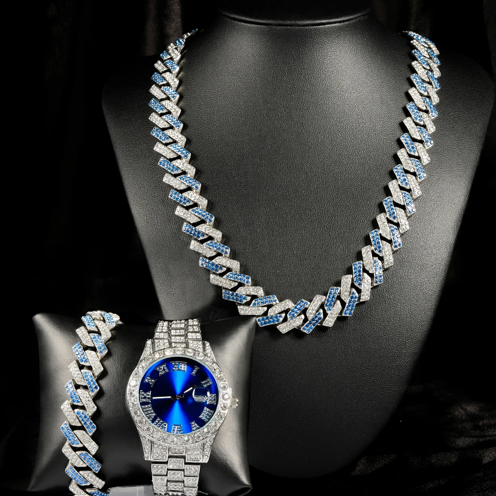 

3pcs Hip-hop Watch Jewelry Set Iced Out Punk Blue&Silver Cuban Chain+Bracelet Inlay Diamond Watch For Men Women Trend Party Gift