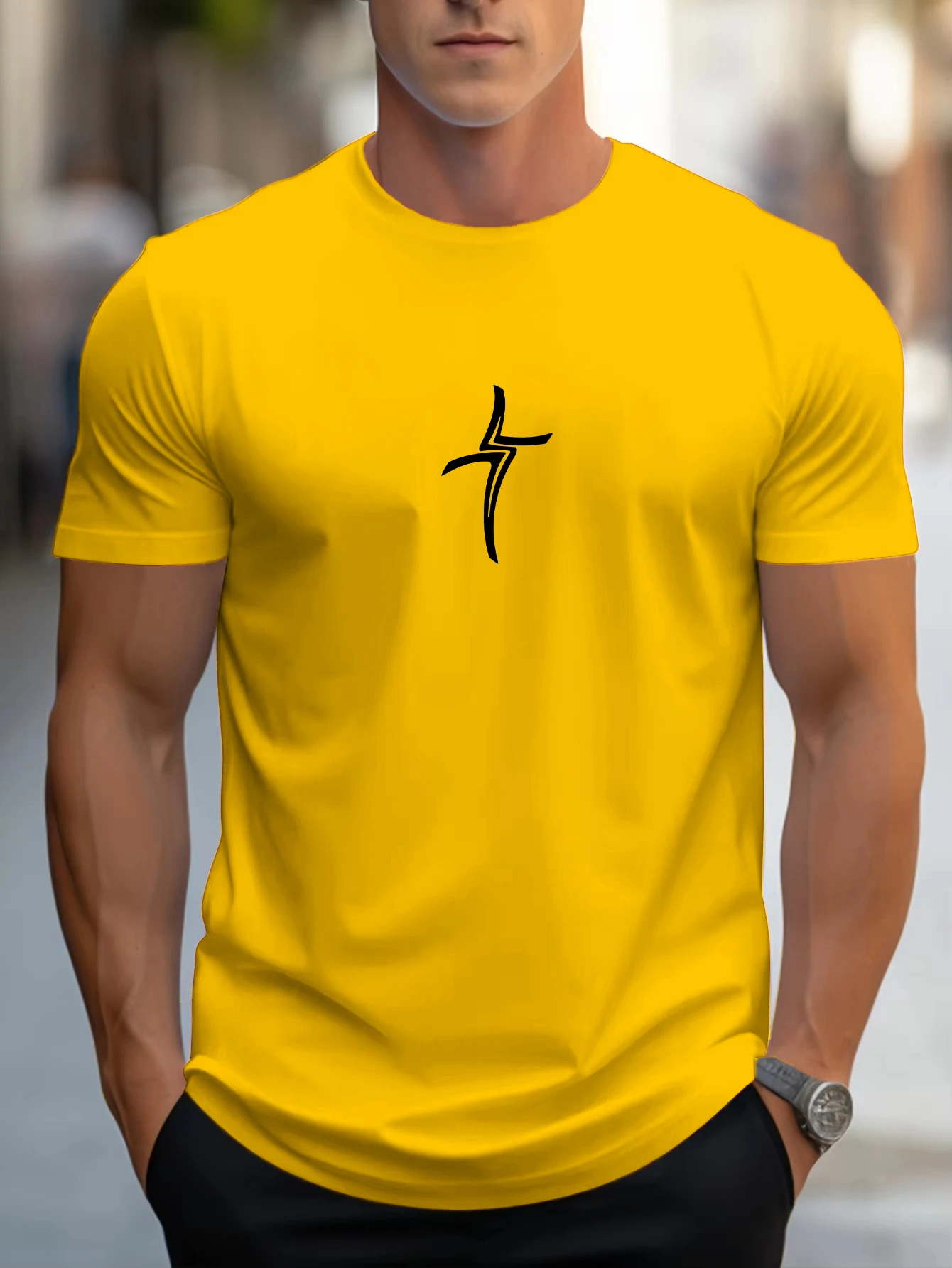 

Simple Lines Shaped Print T-Shirt Mens Summer All-Match Clothes Trendy Crewneck T Shirts Overisze Cotton Male Streetwear