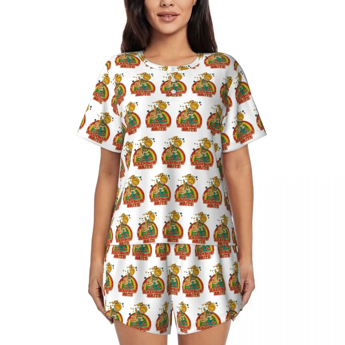 

Винтажная ночная рубашка с круглым вырезом и короткими рукавами в стиле ретро, ​​мягкий пижамный комплект для женщин, короткие штаны