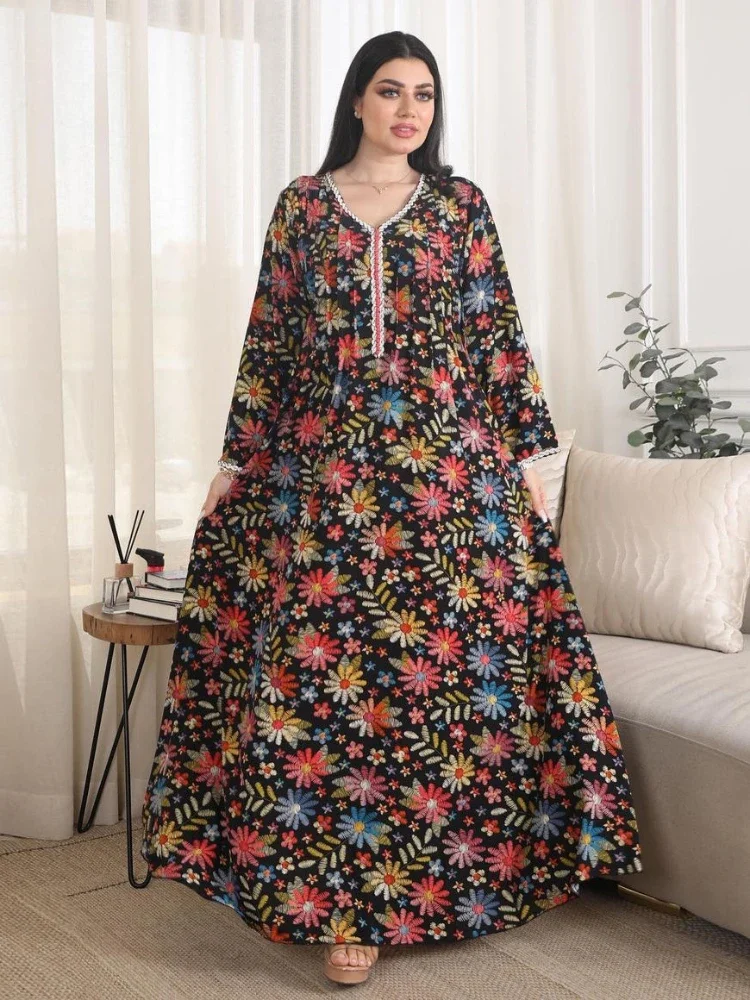 Vestido de Abaya musulmán Eid para mujer, estampado Floral, diamante, Jalabiya, Marruecos, Kaftan, Islam, túnica larga árabe, Dubai