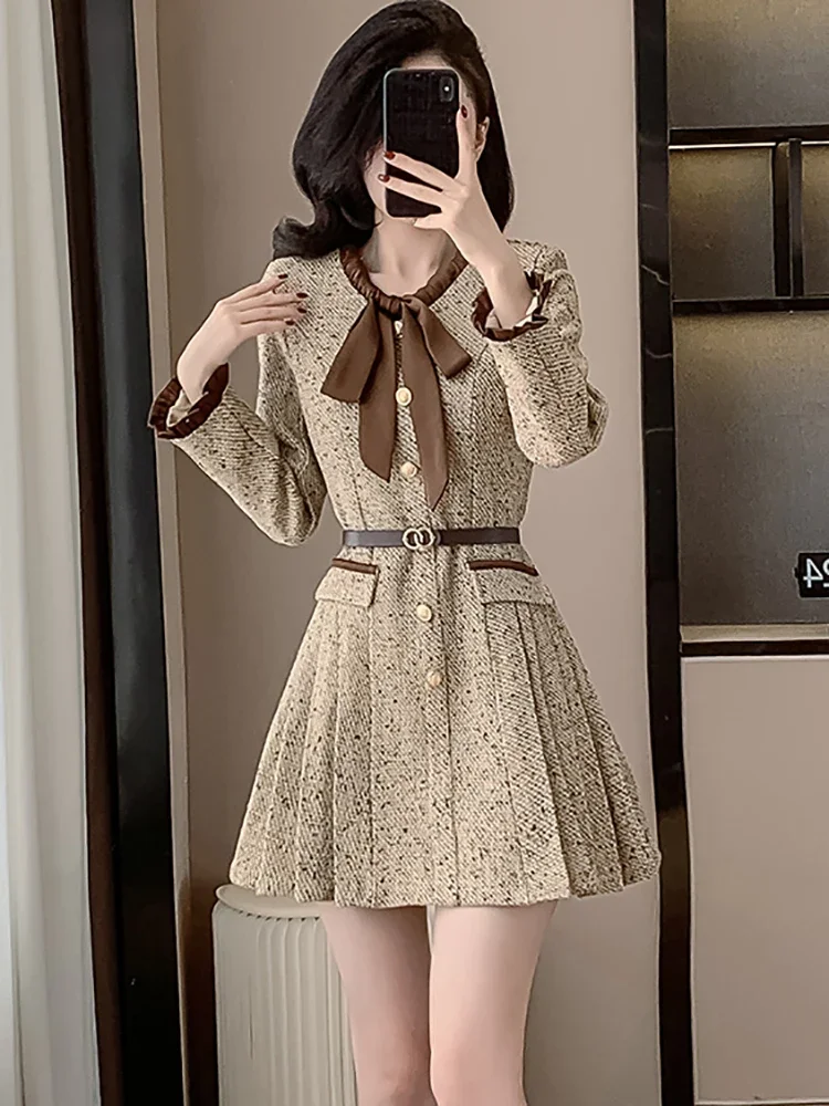 

Women Korean Elegant Tweed Thick Warm Mini Dress Autumn Winter Pleated Bandage Bodycon Dress 2024 Vintage Festival Evening Dress