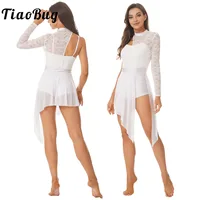 Vestido de baile lírico para mujer, un hombro, manga larga, encaje transparente, vestidos de leotardo de gimnasia y Ballet, Ropa de baile contemporánea moderna