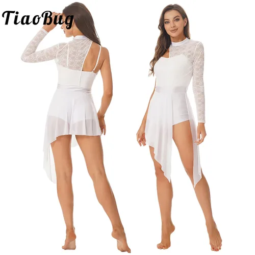 Vestido de baile lírico para mujer, un hombro, manga larga, encaje transparente, vestidos de leotardo de gimnasia y Ballet, Ropa de baile contemporánea moderna