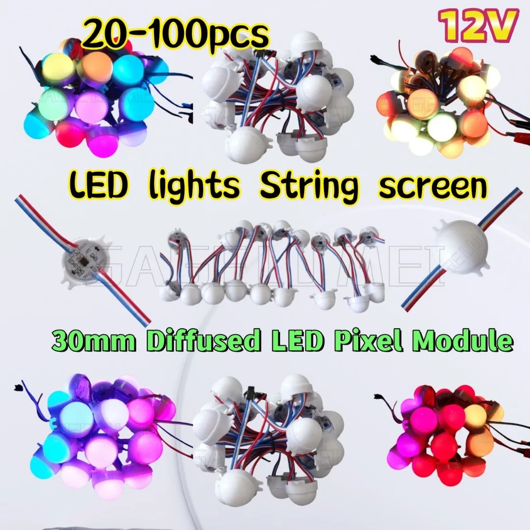 Waterproof IP68 20pcs/String LED Pixel Module 3LEDsFull Color 30mm Diffused DC12V WS2811 RGB led lamp string D30MM Modules 5050