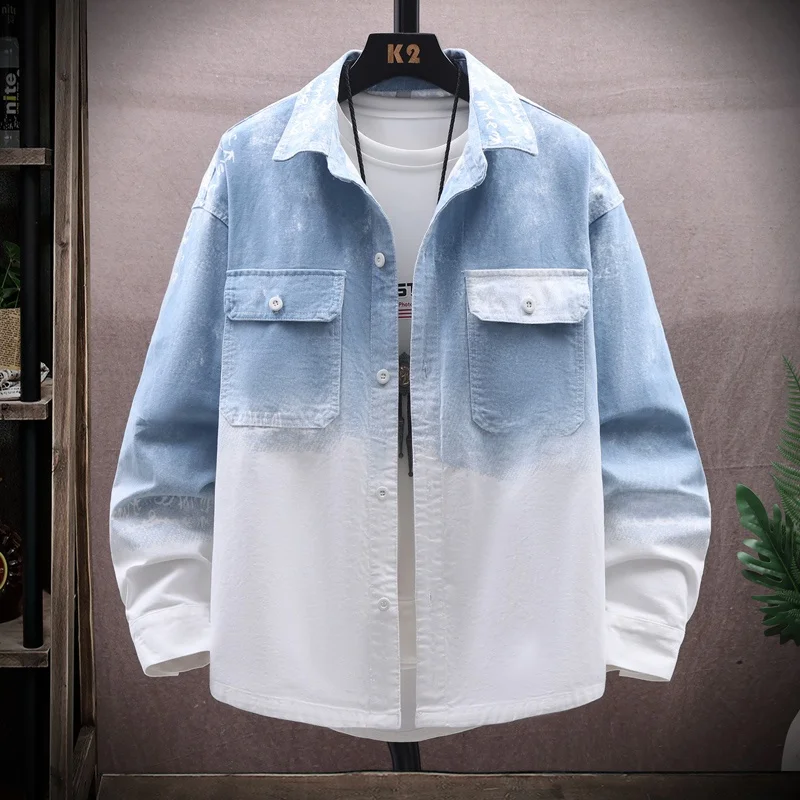 

Свободная повседневная джинсовая куртка с воротником для мужчин, весна-осень, новая молодежная рабочая одежда, топ для подростков, смесь хлопка и полиэстера