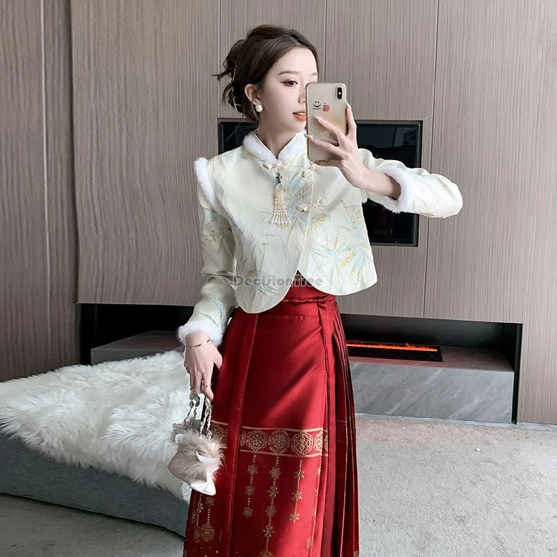 2024 Herfst Winter Chinese Stijl Ming-dynastie Clip Katoen Stand Kraag Lange Mouw Jas Plooirok Tweedelige Hanfu Set B279