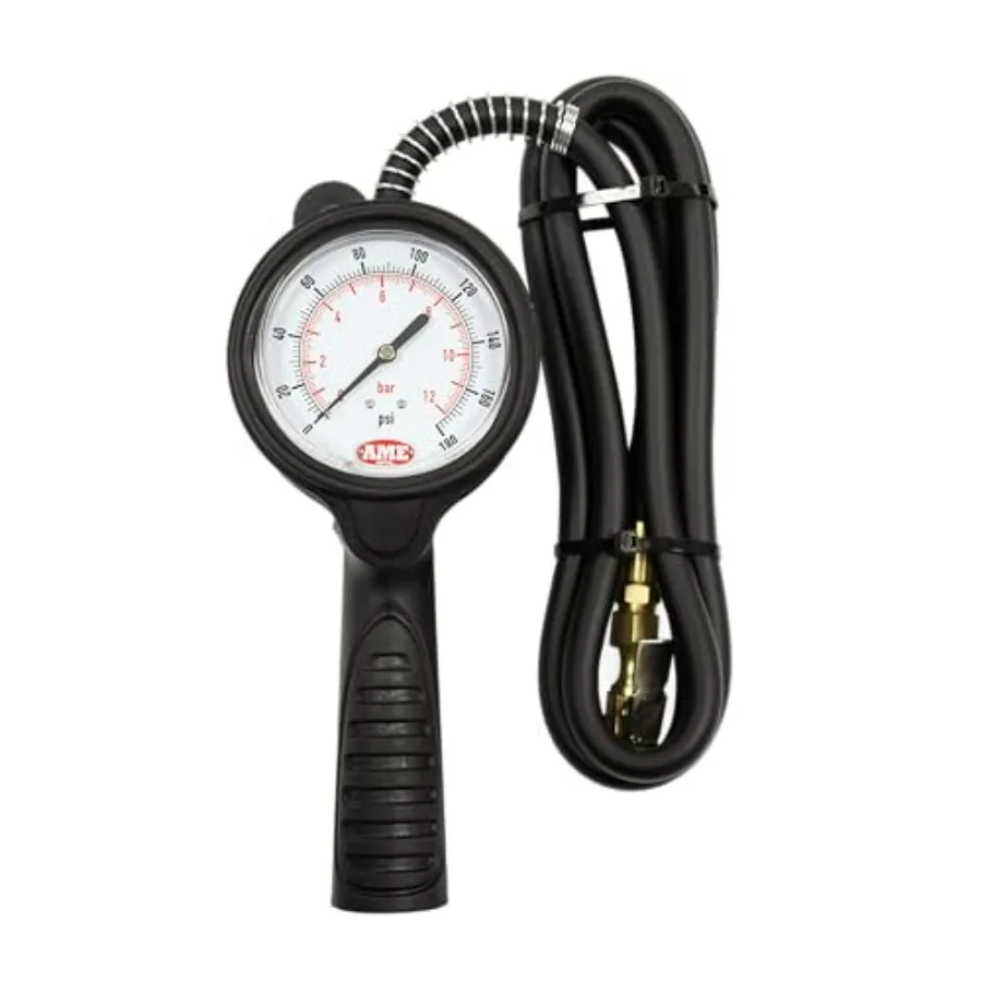 

Analog Tire Inflator and Gauge 6ft Hose with Brass Clip on Chuck for Car Truck 0-175 PSI High Pressure Red Air Pump with Built-