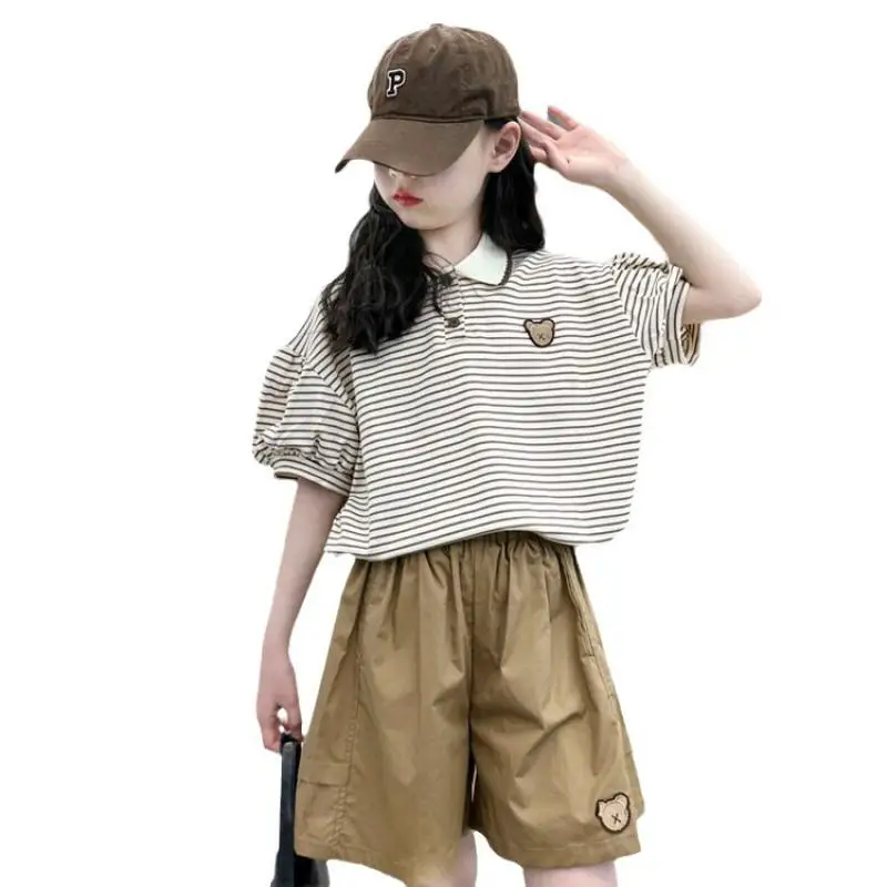 

2024 Korean Summer Junior Girls Clothes Set Sport Short Sleeve Polo T-shirts+shorts 2PCS Child Clothing Suit 7 9 13 teen ouftis