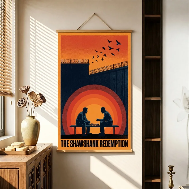 Hope and Freedom Cinema Canvas Wall Art Hanging Scroll Inspirational Movie Style Print with Wooden Rods for Room Decor