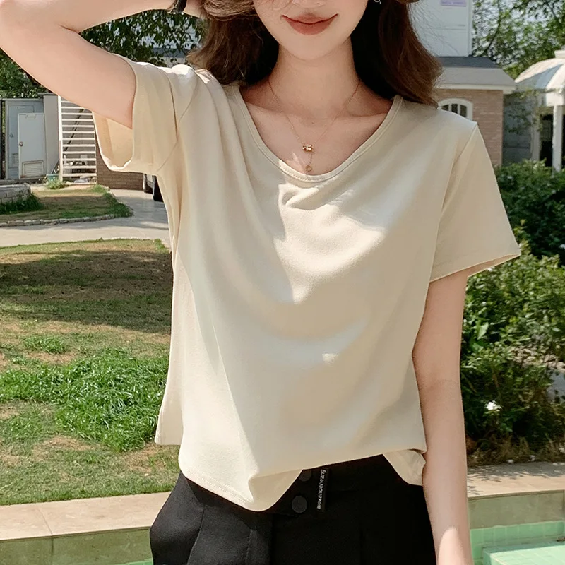 

Лето 2021, женская футболка с короткими рукавами и v-образным вырезом, универсальная и утягивающая летняя трендовая футболка с короткими рукавами