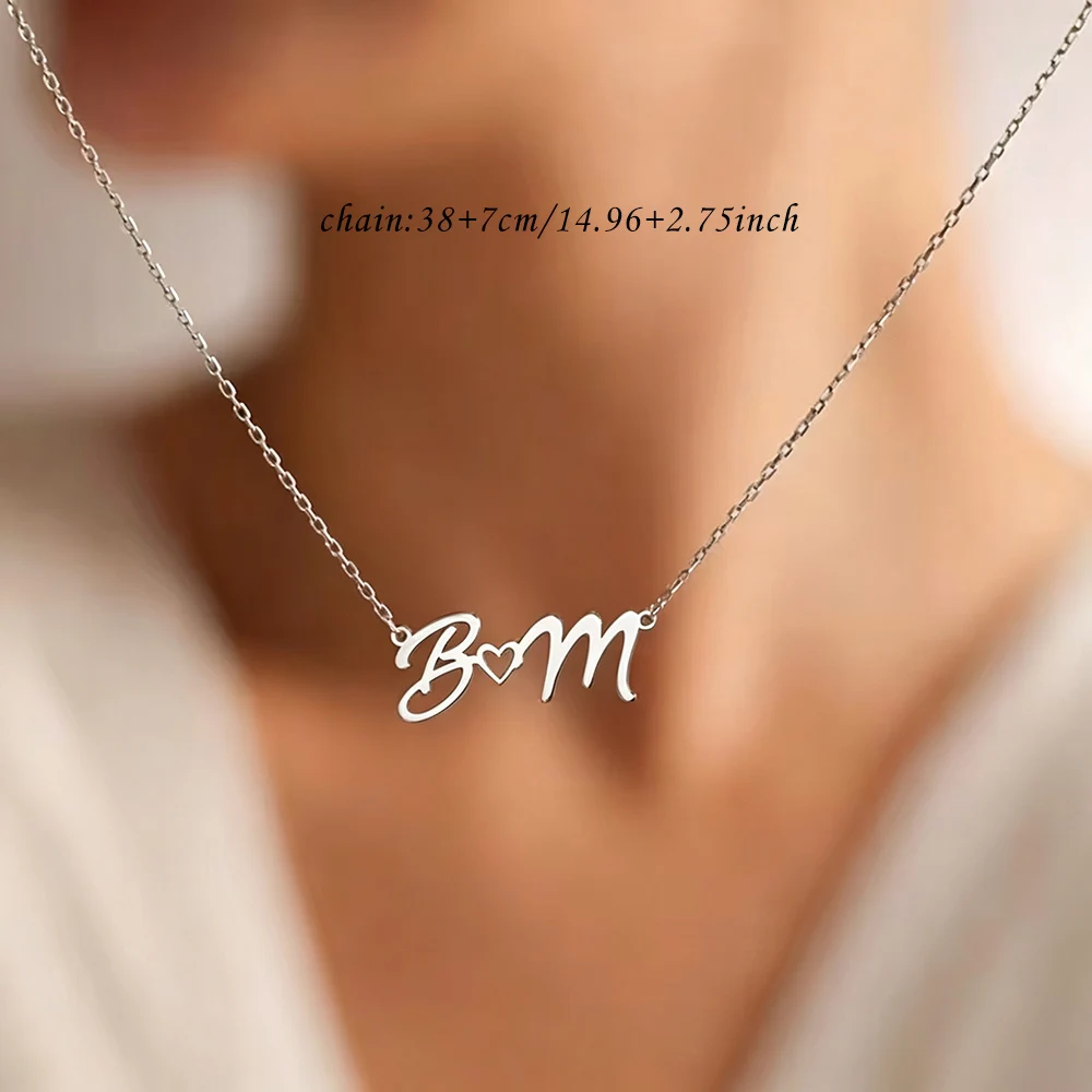 Custom Couple Initial Name Necklace for Women with Hollow Heart Exquisite Stainless Steel Nameplate Charm Valentine's Day Gift