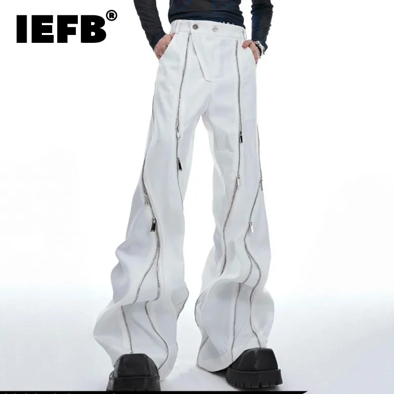 

IEFB New Metal Zipper Design Pants Casual 2024 High Street Darkwear Wide Leg Male Trousers Solid Color Fashion Summer 24E1287