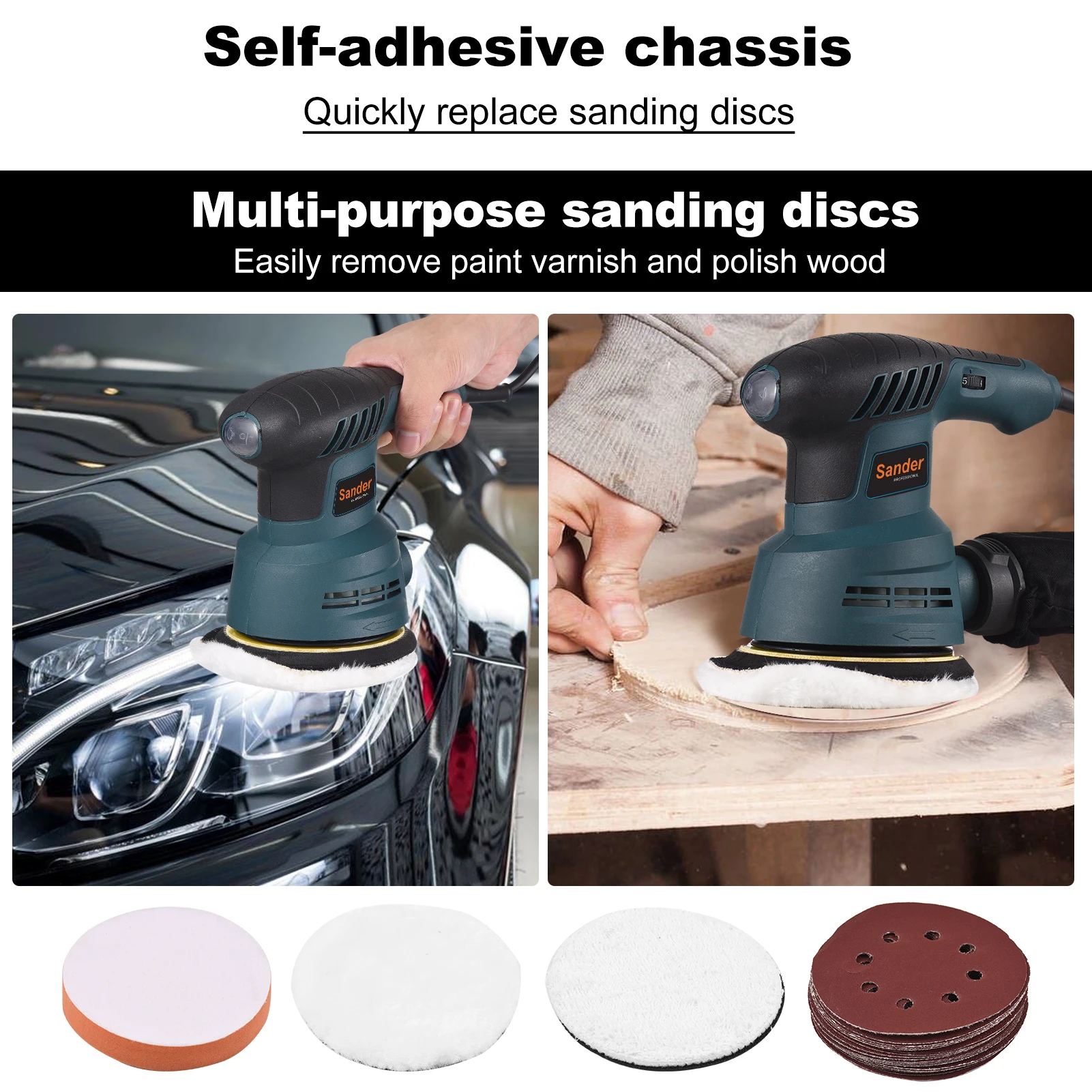 

300W Random Orbit Sander 6 Variable Speeds 20 Sanding Discs Sponge Wool Disc Tool for Woodworking Sanding Detailing Finishing