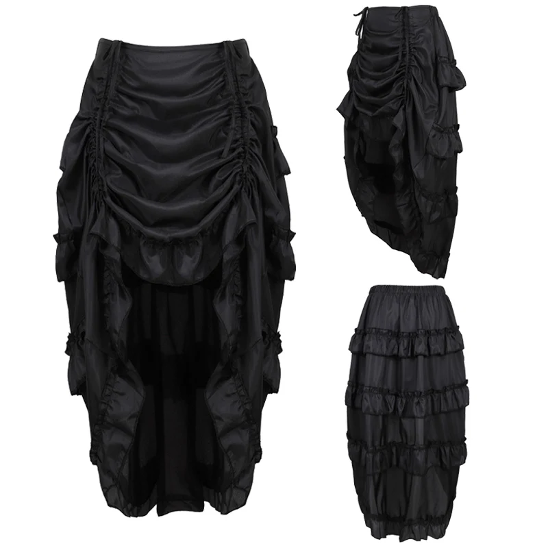Steampunk Women Skirts Gothic Irregular Shirring Pleated Party Maxi Long Skirt High Low Costumes Punk Sexy Corset Plus Size Red view 3