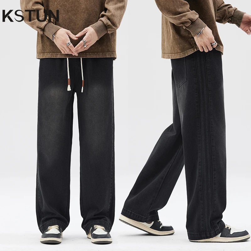 

KSTUN Autumn Black Jeans Wide Leg Baggy Pants Loose Fitness Elastic Waist Streetwear Fashionable Side Stripes Desinger Trousers