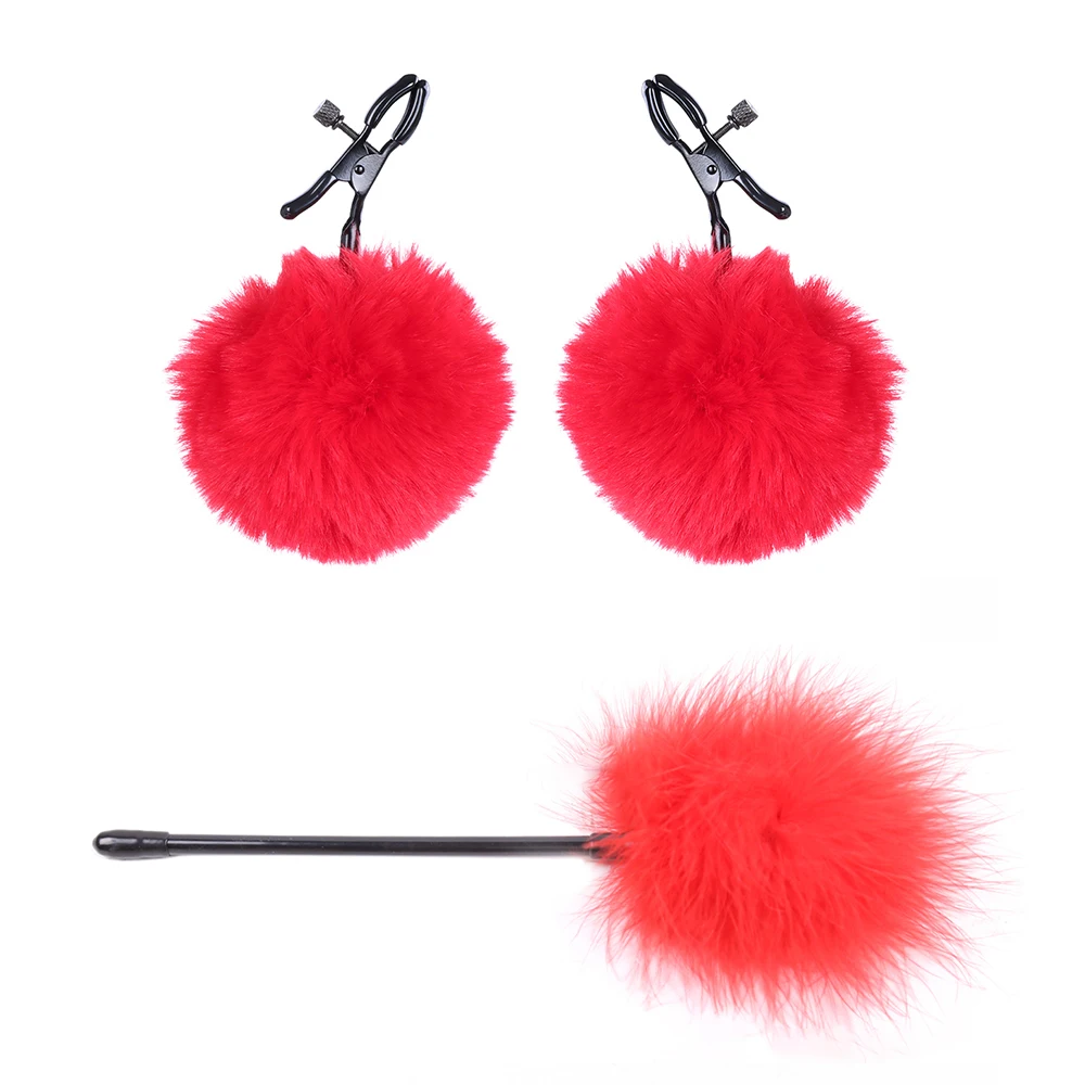 Nipple Clamps with Chain Metal Fuzzy Nipple Clip with Feather Tickle Breast Jewelry for Women and Men Sex Play SM Toys