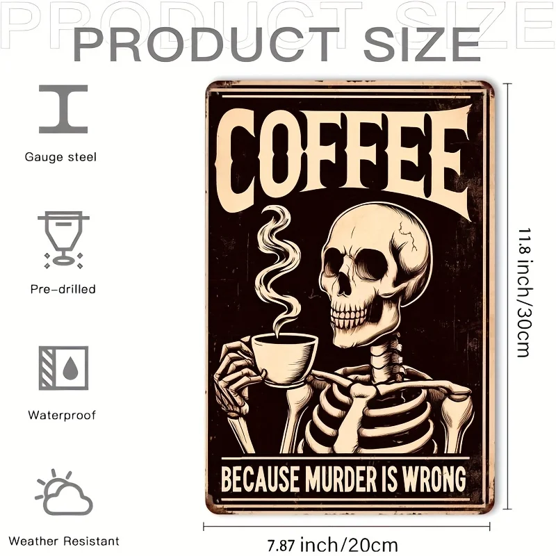 1pc 20.32x30.48cm Skeleton & Coffee Vintage aluminum Sign - Durable Iron Wall Art with 