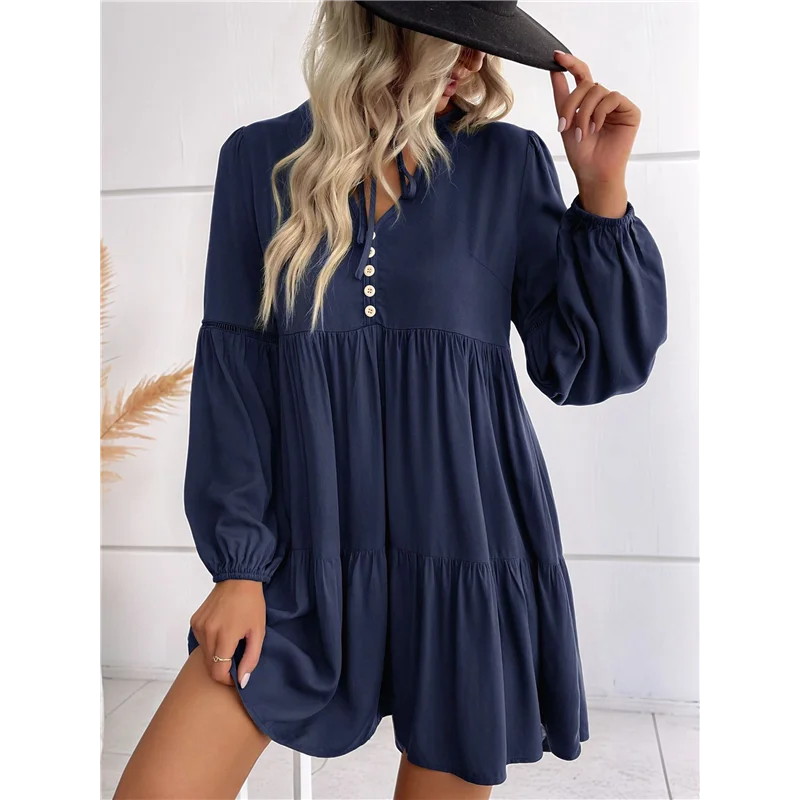 فساتين قصيرة بأكمام طويلة للنساء، رقبة على شكل V، فستان خريفي كاجوال فضفاض مناسب للنساء، فستان بوهو للعطلات، أزرق كحلي M