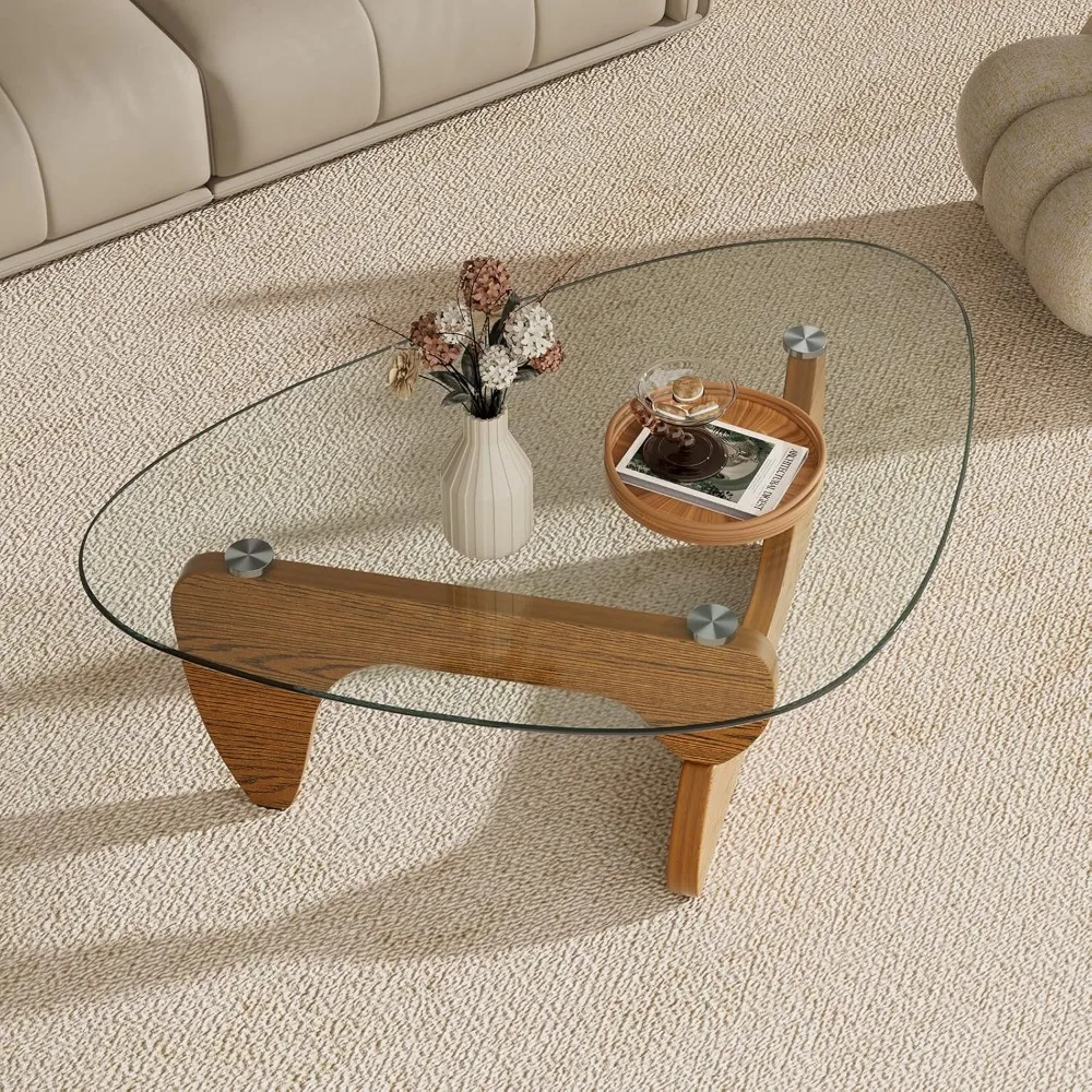 

Solid Wooden Morden Coffee Table, 42.5 x 28.5 x 16.1 Triangle Center Table for Living Room w/Tempered Glass Top, Vintage Minimal