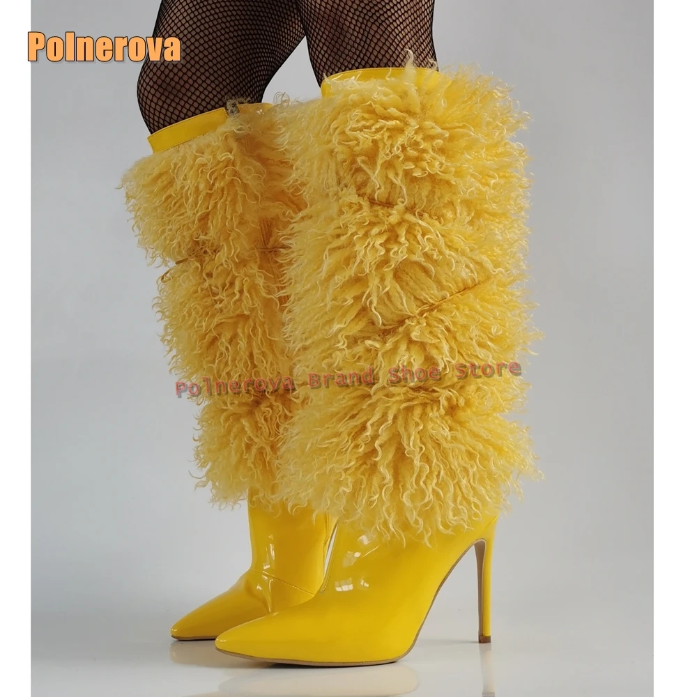 الفراء الأبيض مثير حذاء برقبة للركبة أشار تو خنجر سحب على الصلبة المرقعة الشارع نمط حار فتاة الجوارب الموضة 2025 الشتاء #6