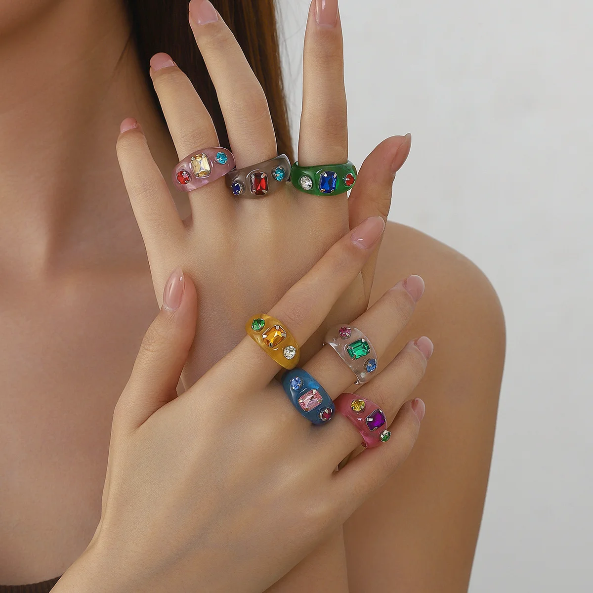 Trend Acrylic Y2K Transparent Jelly Color Chunky 8Size Rings Multicolor Rhinestone Inlaid Wide Resin Stackable Ring Cute Jewelry